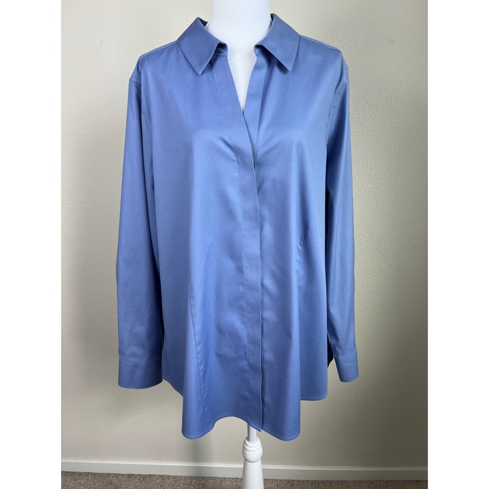 Foxcroft 16W Fitted Hidden Button Shirt Non Iron Stretch Blue Cotton Career
